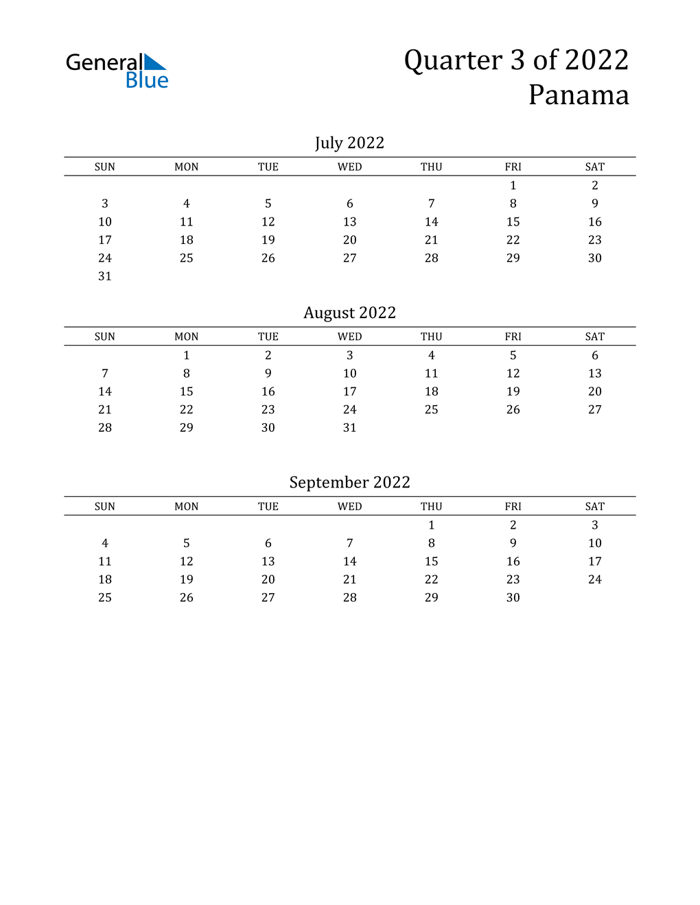  2022 Panama Quarterly Calendar