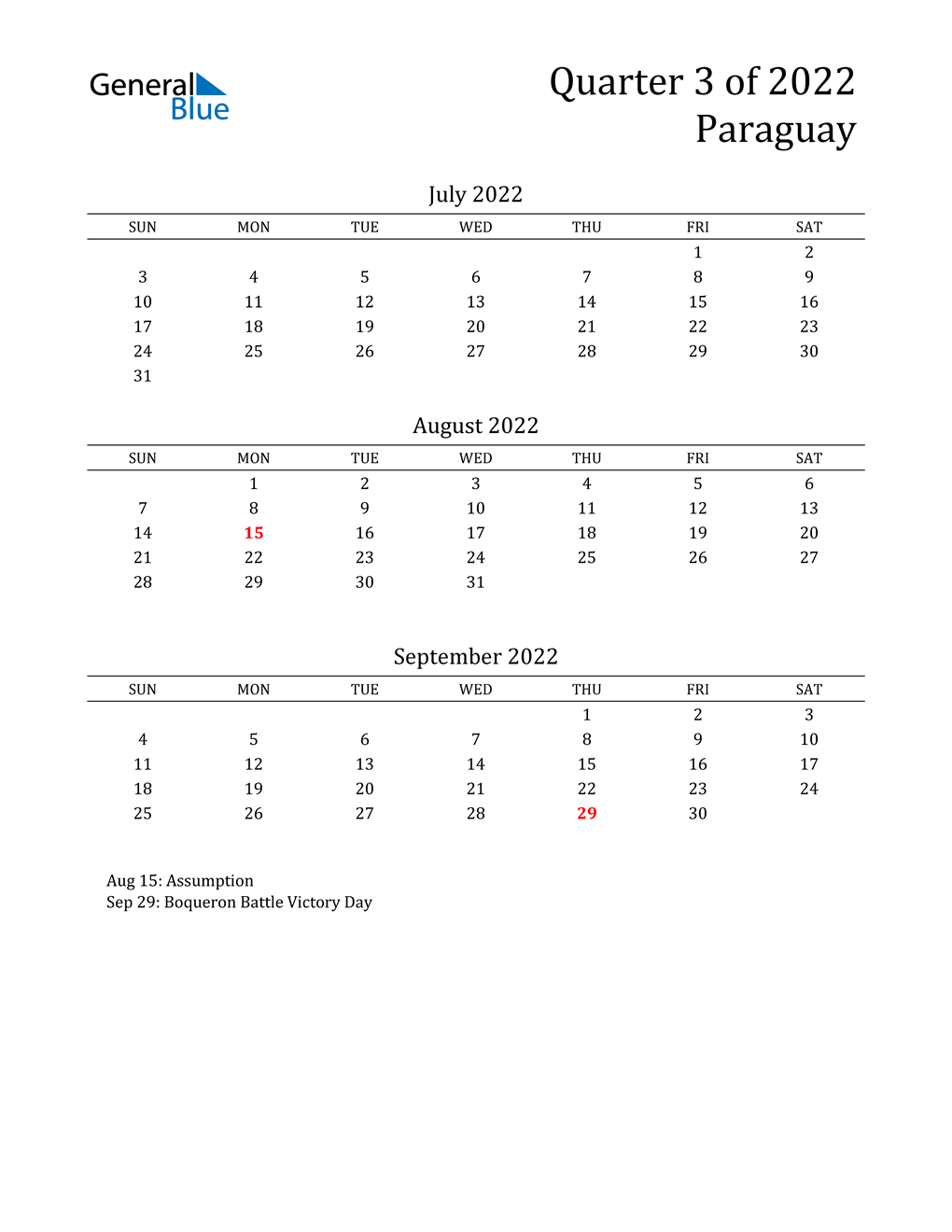 2022 Paraguay Quarterly Calendar