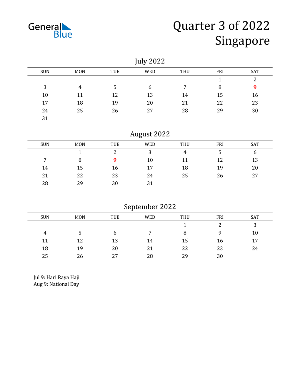  2022 Singapore Quarterly Calendar