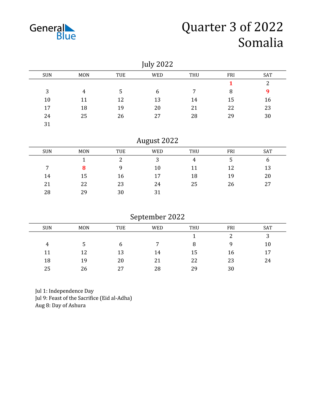  2022 Somalia Quarterly Calendar