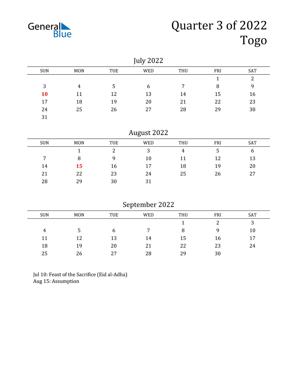  2022 Togo Quarterly Calendar