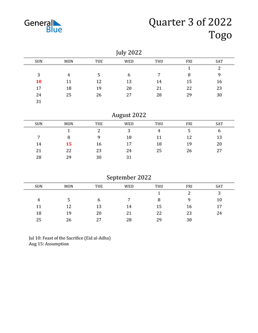  2022 Togo Quarterly Calendar