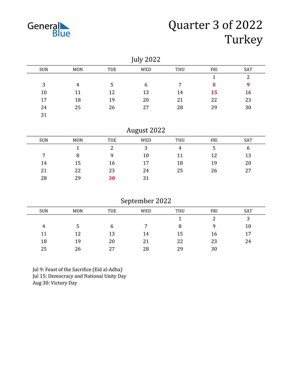  2022 Turkey Quarterly Calendar