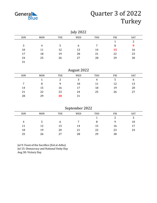  2022 Turkey Quarterly Calendar
