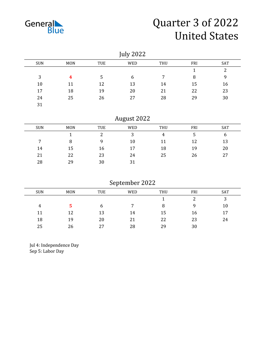  2022 United States Quarterly Calendar