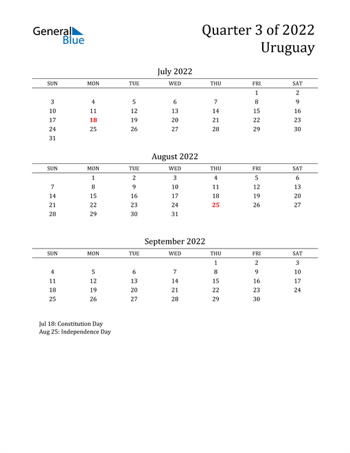 2022 Uruguay Quarterly Calendar