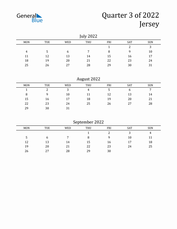 Quarter 3 2022 Jersey Quarterly Calendar