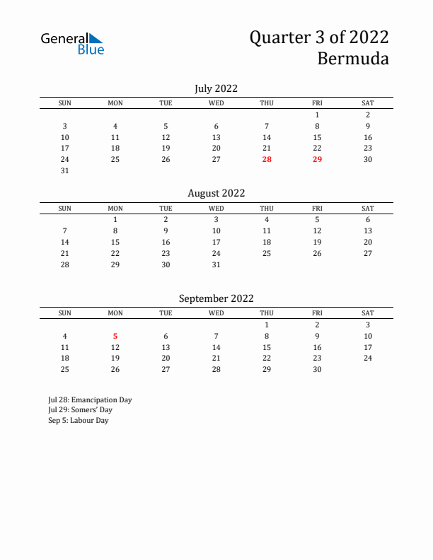 Quarter 3 2022 Bermuda Quarterly Calendar