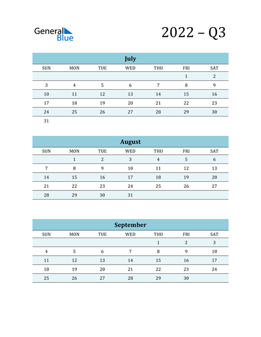  July, August, and September 2022 Calendar
