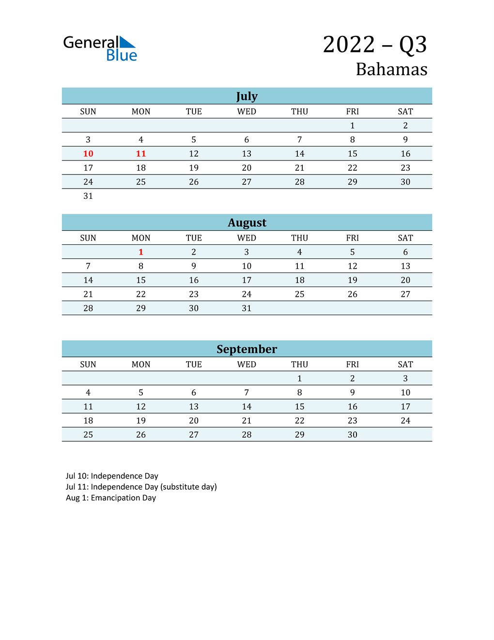  Three-Month Planner for Q3 2022 with Holidays