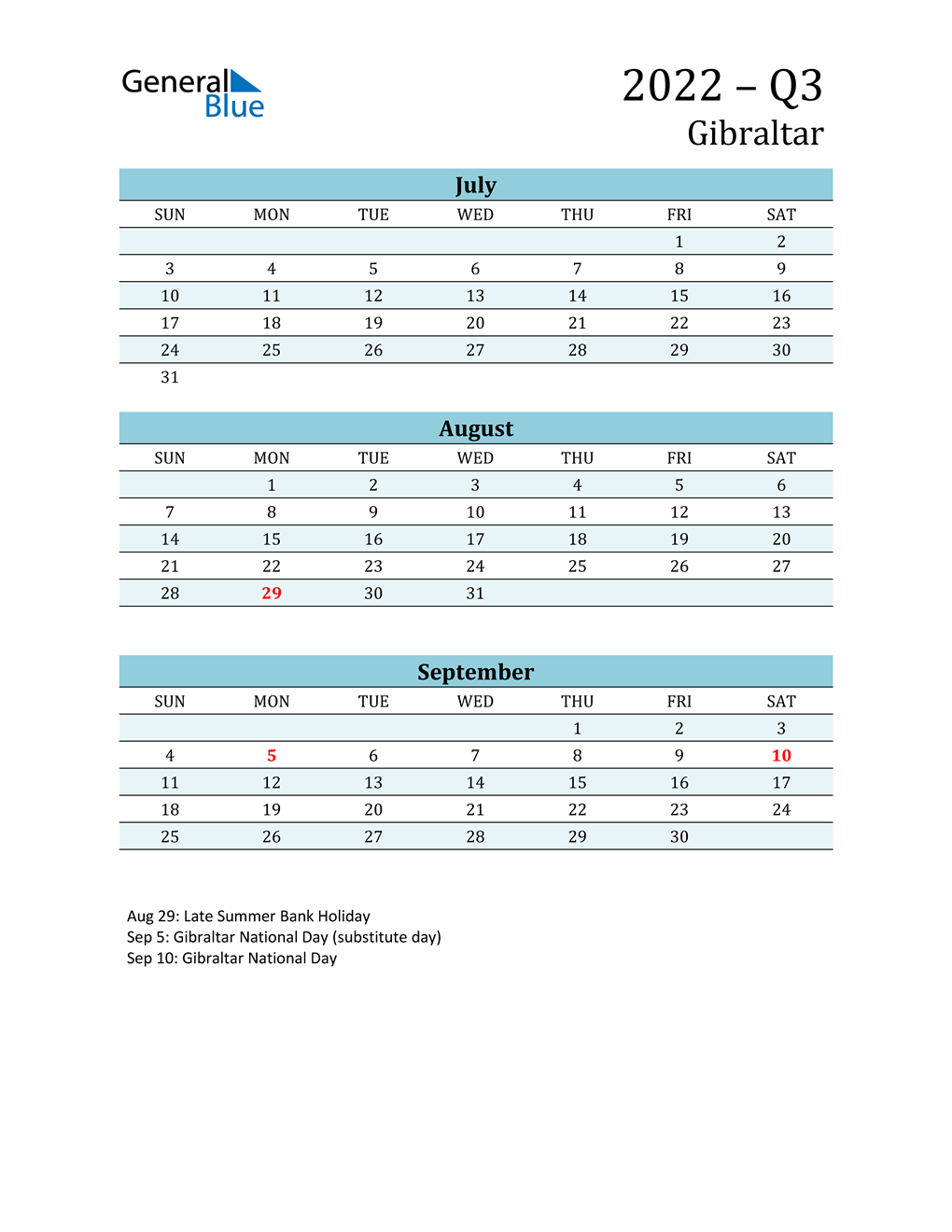  Three-Month Planner for Q3 2022 with Holidays