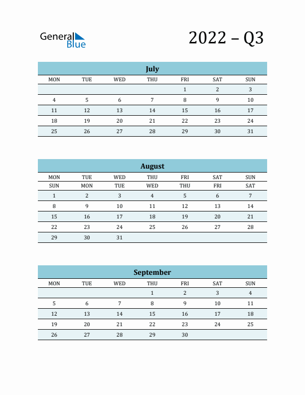 July, August, and September 2022 Calendar