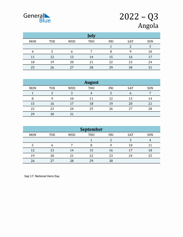 Three-Month Planner for Q3 2022 with Holidays - Angola