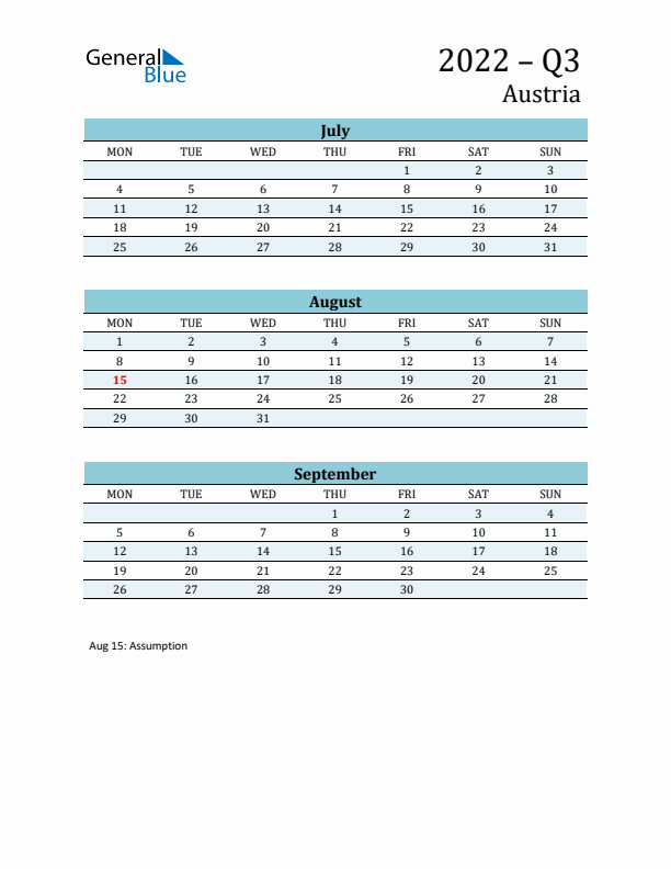 Three-Month Planner for Q3 2022 with Holidays - Austria