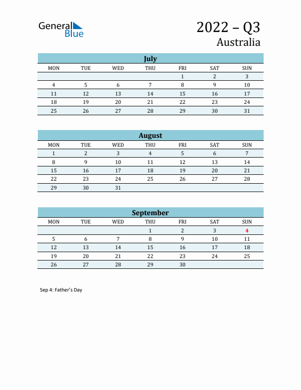Three-Month Planner for Q3 2022 with Holidays - Australia