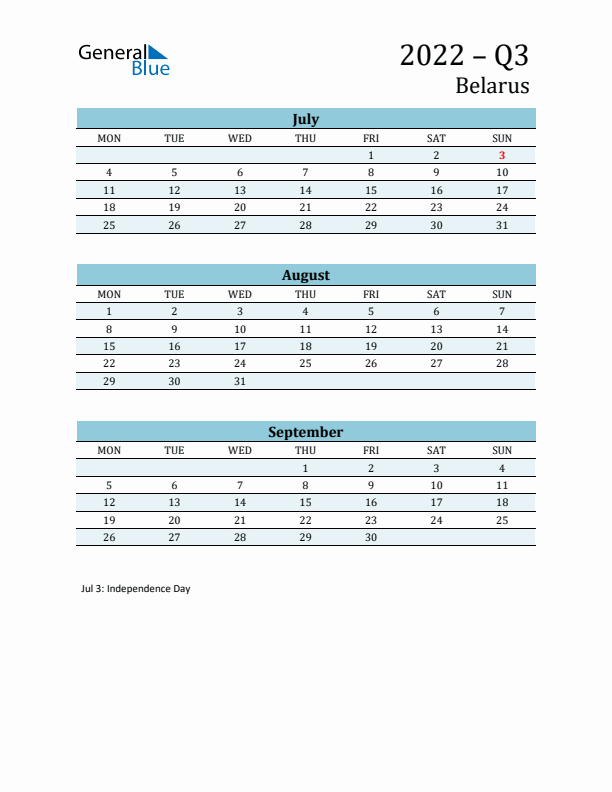 Three-Month Planner for Q3 2022 with Holidays - Belarus