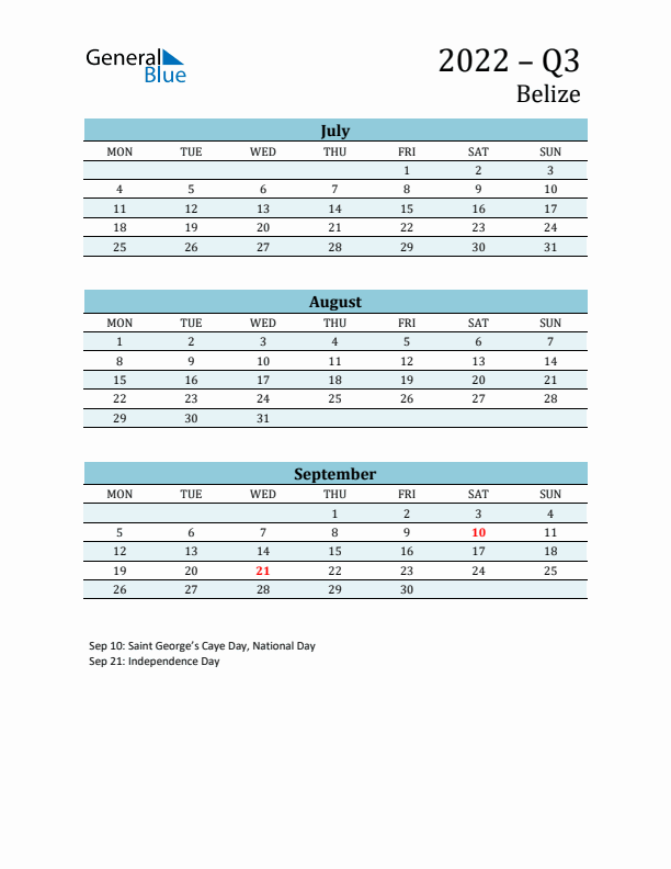 Three-Month Planner for Q3 2022 with Holidays - Belize