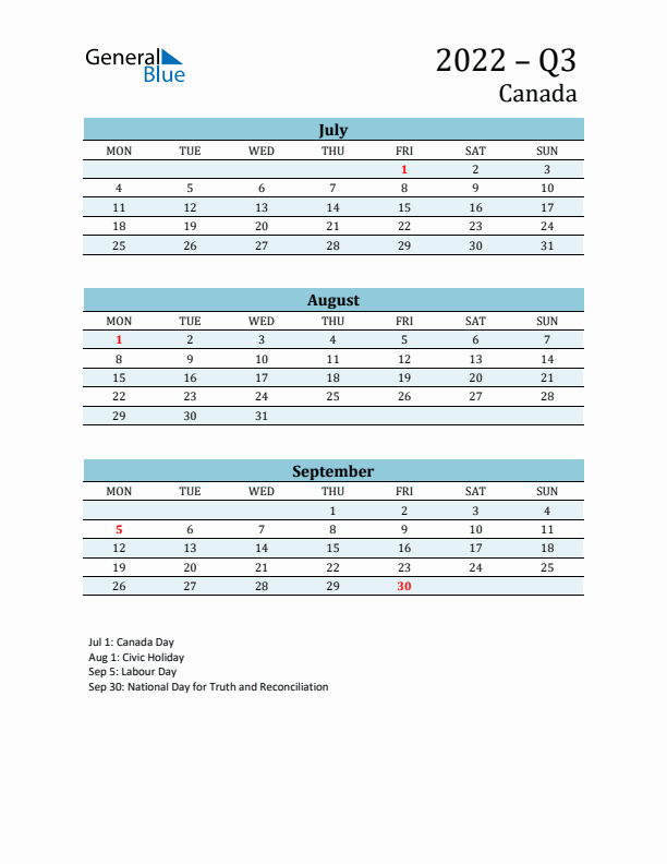 Three-Month Planner for Q3 2022 with Holidays - Canada