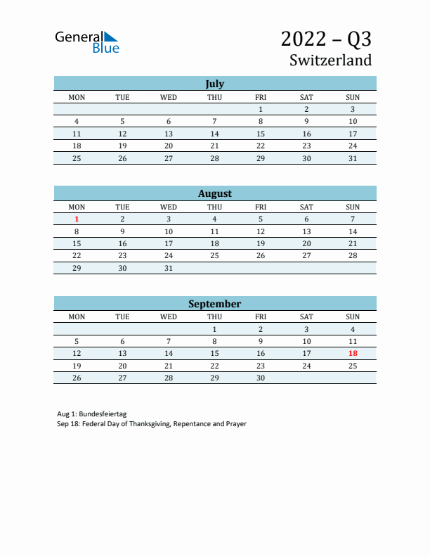 Three-Month Planner for Q3 2022 with Holidays - Switzerland