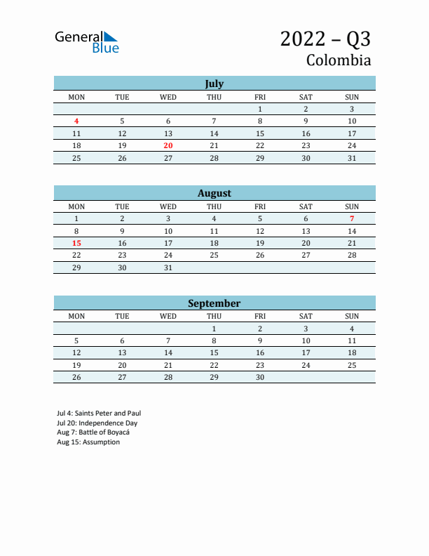 Three-Month Planner for Q3 2022 with Holidays - Colombia