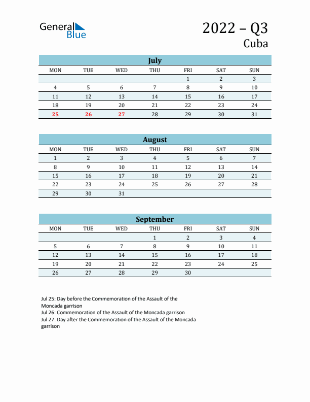 Three-Month Planner for Q3 2022 with Holidays - Cuba