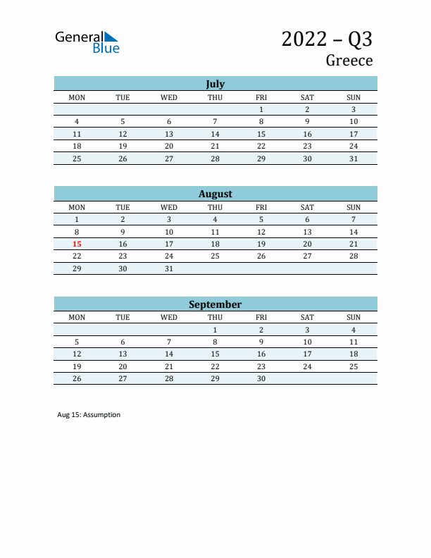 Three-Month Planner for Q3 2022 with Holidays - Greece