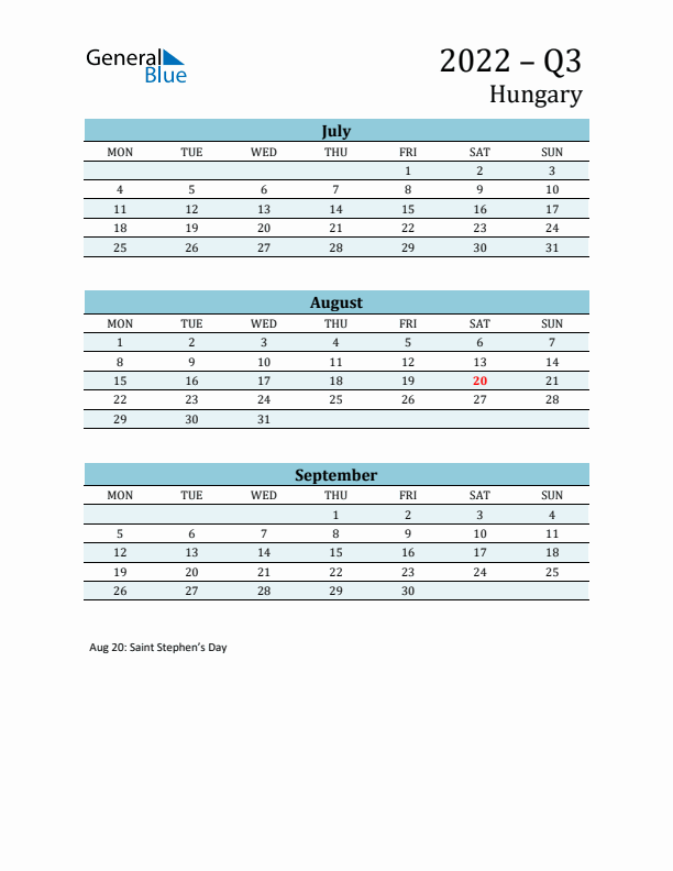 Three-Month Planner for Q3 2022 with Holidays - Hungary