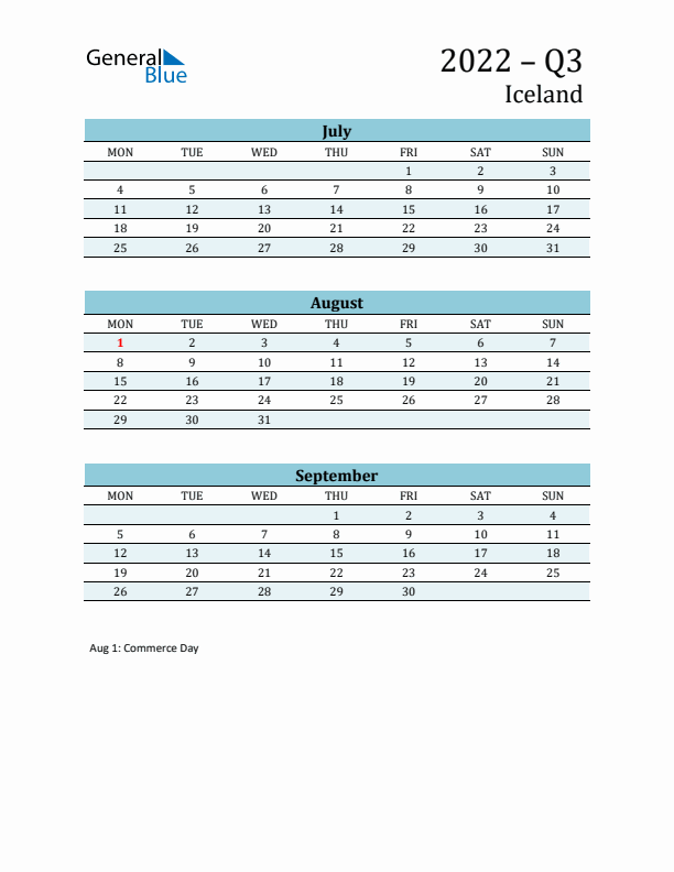 Three-Month Planner for Q3 2022 with Holidays - Iceland