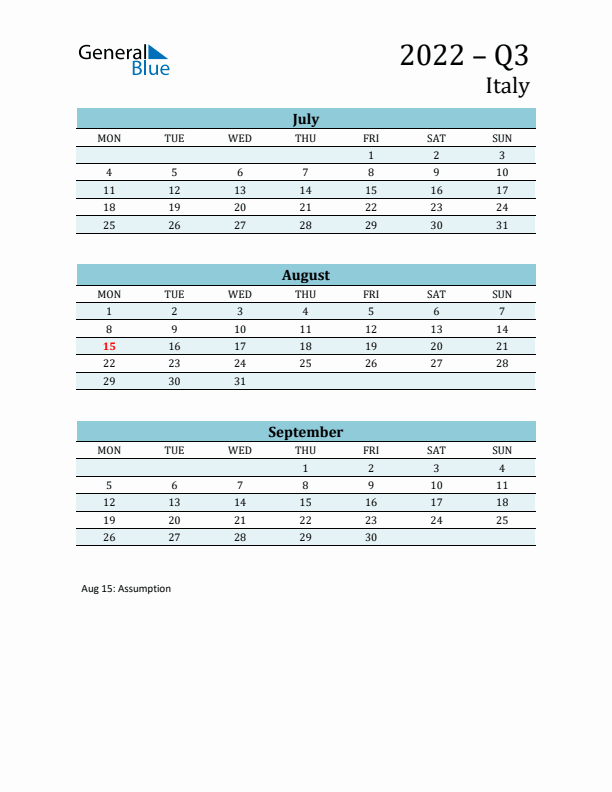 Three-Month Planner for Q3 2022 with Holidays - Italy