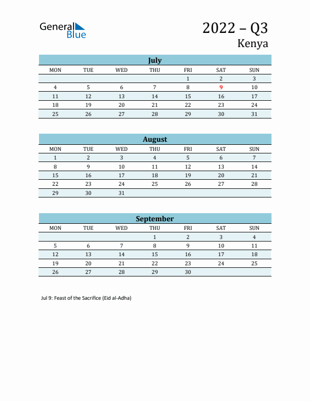 Three-Month Planner for Q3 2022 with Holidays - Kenya