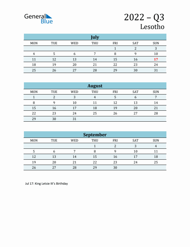 Three-Month Planner for Q3 2022 with Holidays - Lesotho