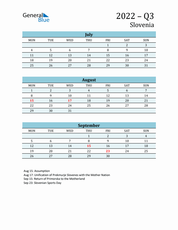 Three-Month Planner for Q3 2022 with Holidays - Slovenia