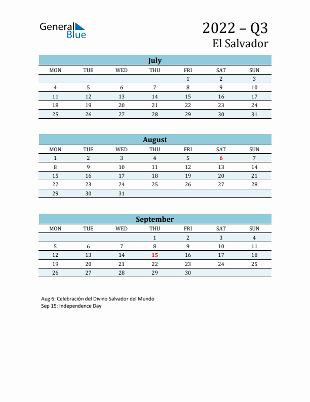 Three-Month Planner for Q3 2022 with Holidays - El Salvador