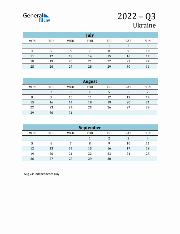 Three-Month Planner for Q3 2022 with Holidays - Ukraine
