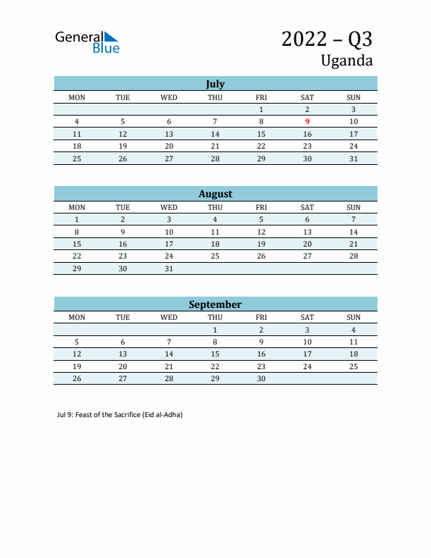 Three-Month Planner for Q3 2022 with Holidays - Uganda