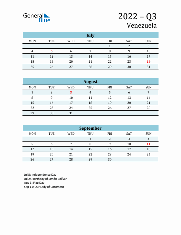 Three-Month Planner for Q3 2022 with Holidays - Venezuela