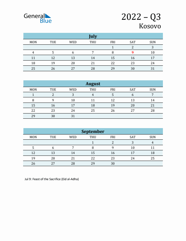 Three-Month Planner for Q3 2022 with Holidays - Kosovo