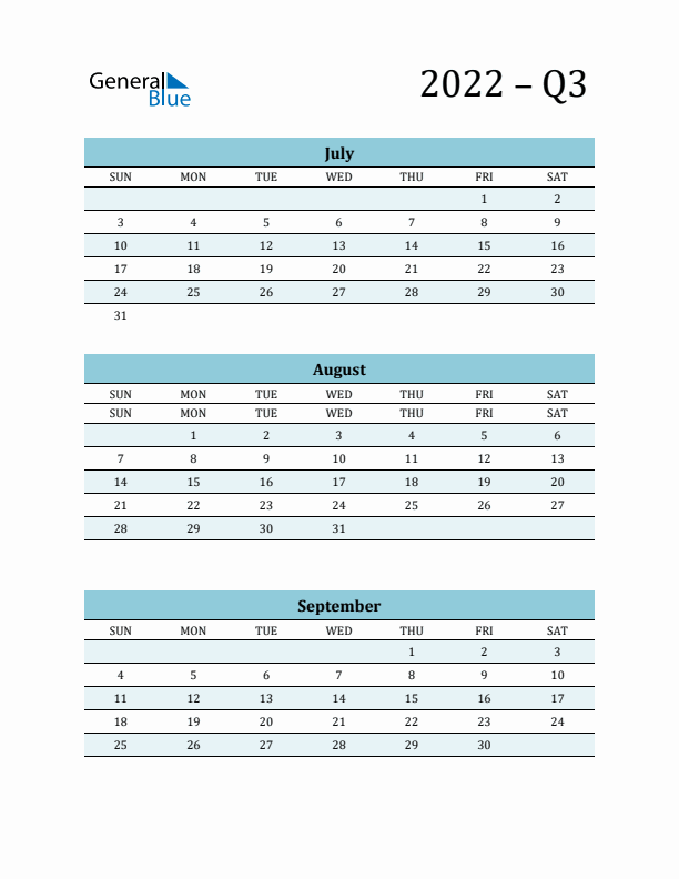 July, August, and September 2022 Calendar