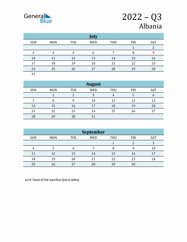 Three-Month Planner for Q3 2022 with Holidays - Albania