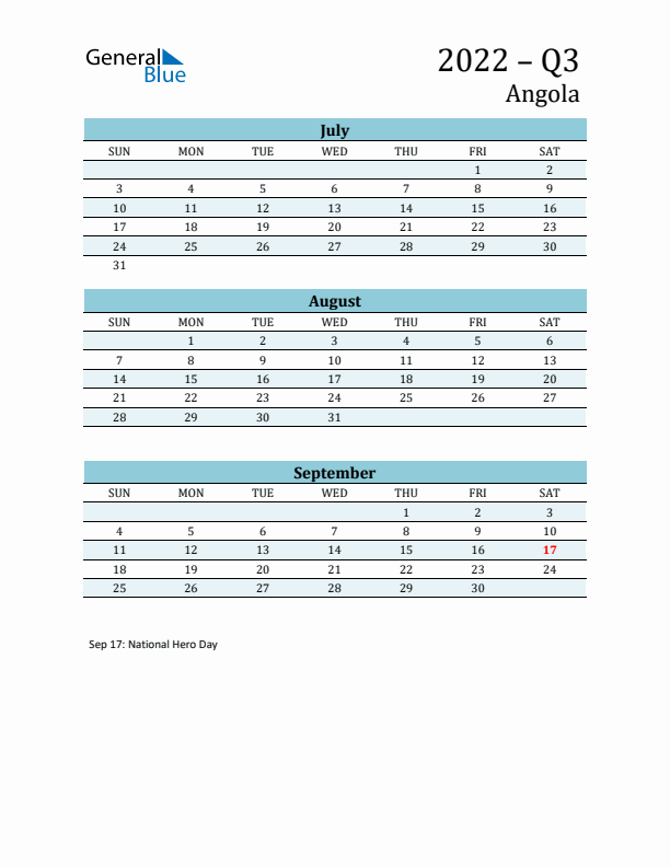 Three-Month Planner for Q3 2022 with Holidays - Angola