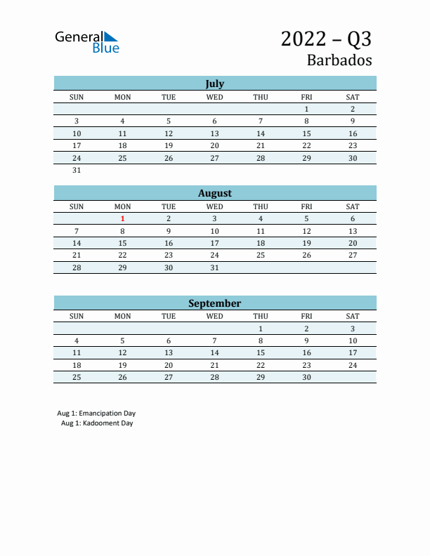 Three-Month Planner for Q3 2022 with Holidays - Barbados