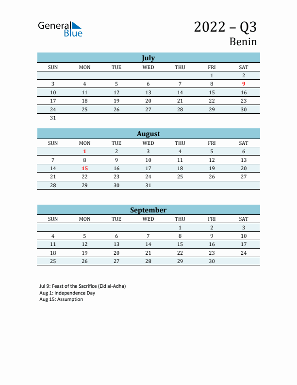 Three-Month Planner for Q3 2022 with Holidays - Benin
