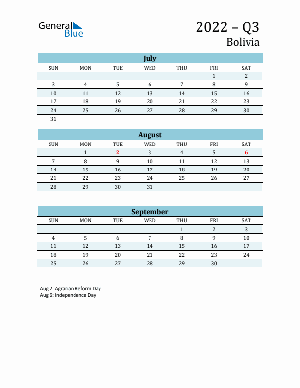 Three-Month Planner for Q3 2022 with Holidays - Bolivia