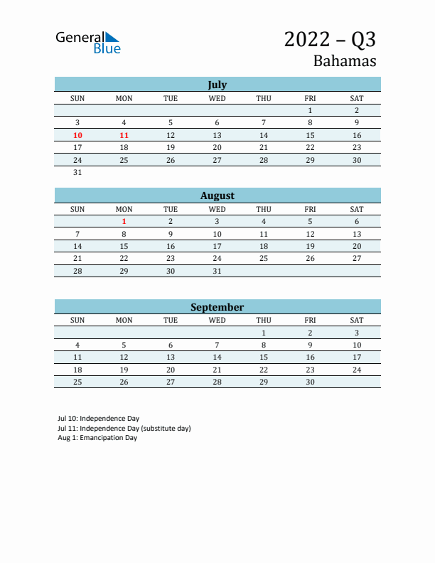 Three-Month Planner for Q3 2022 with Holidays - Bahamas