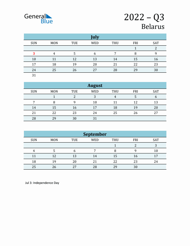 Three-Month Planner for Q3 2022 with Holidays - Belarus