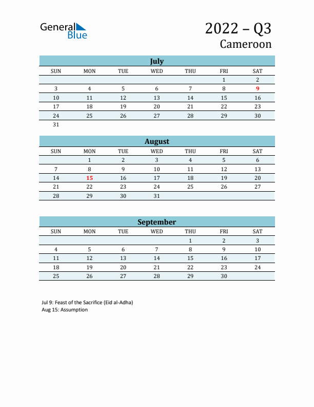 Three-Month Planner for Q3 2022 with Holidays - Cameroon