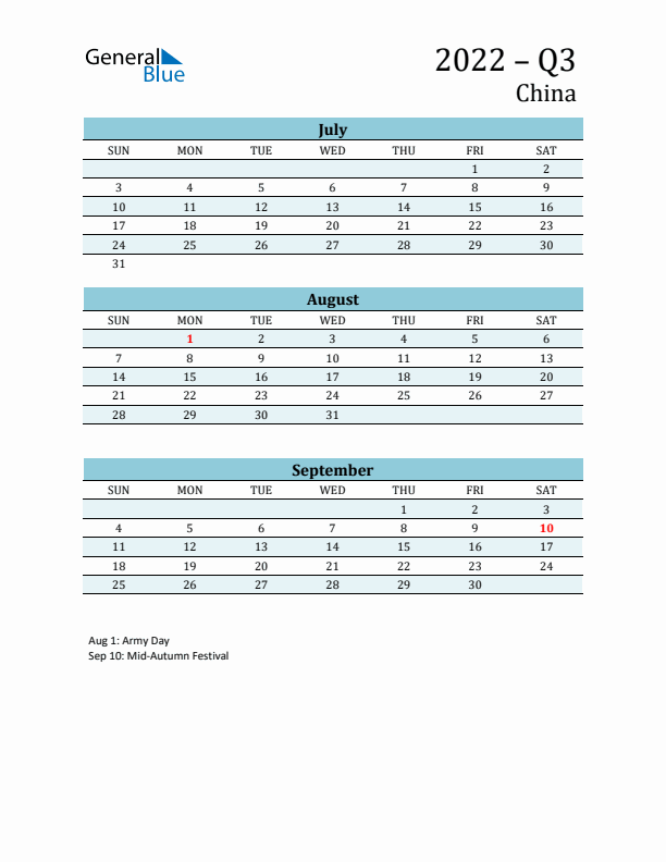 Three-Month Planner for Q3 2022 with Holidays - China