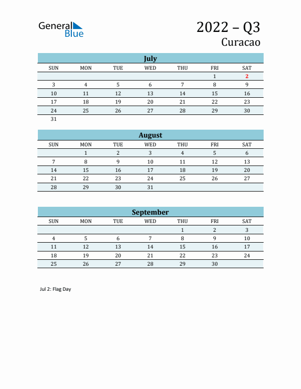 Three-Month Planner for Q3 2022 with Holidays - Curacao
