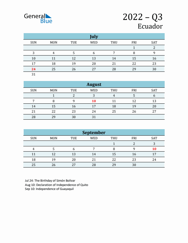 Three-Month Planner for Q3 2022 with Holidays - Ecuador