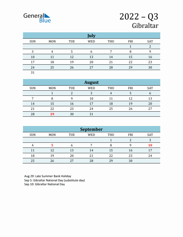 Three-Month Planner for Q3 2022 with Holidays - Gibraltar
